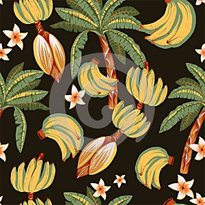 Summer vector tropical seamless pattern. Exotic flowers, palm trees, banana, monstera green leaves texture